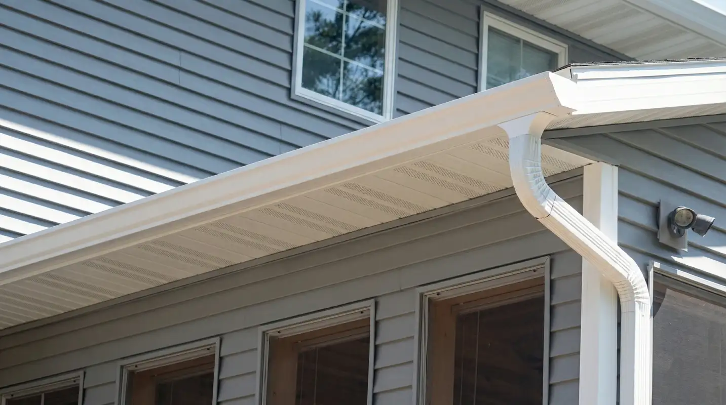 Professional home remodeling project showing newly installed white seamless gutters and downspouts on a house with gray siding in San Francisco, CA