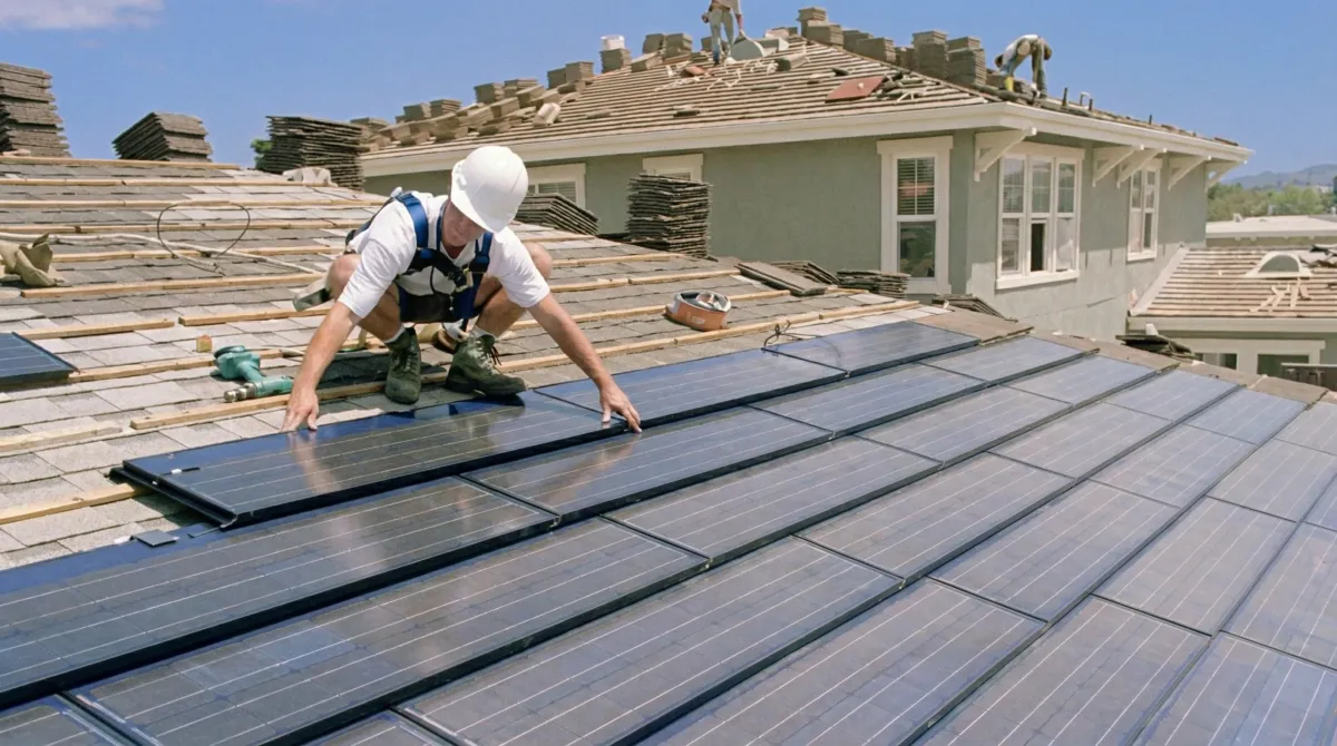 Roof replacement expert installing modern solar shingles on a residential home in San Francisco, CA