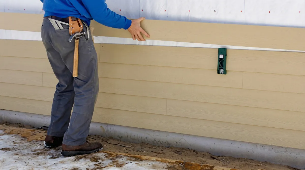 Siding replacement expert carefully aligning a new tan siding panel onto a residential exterior wall in San Francisco, CA