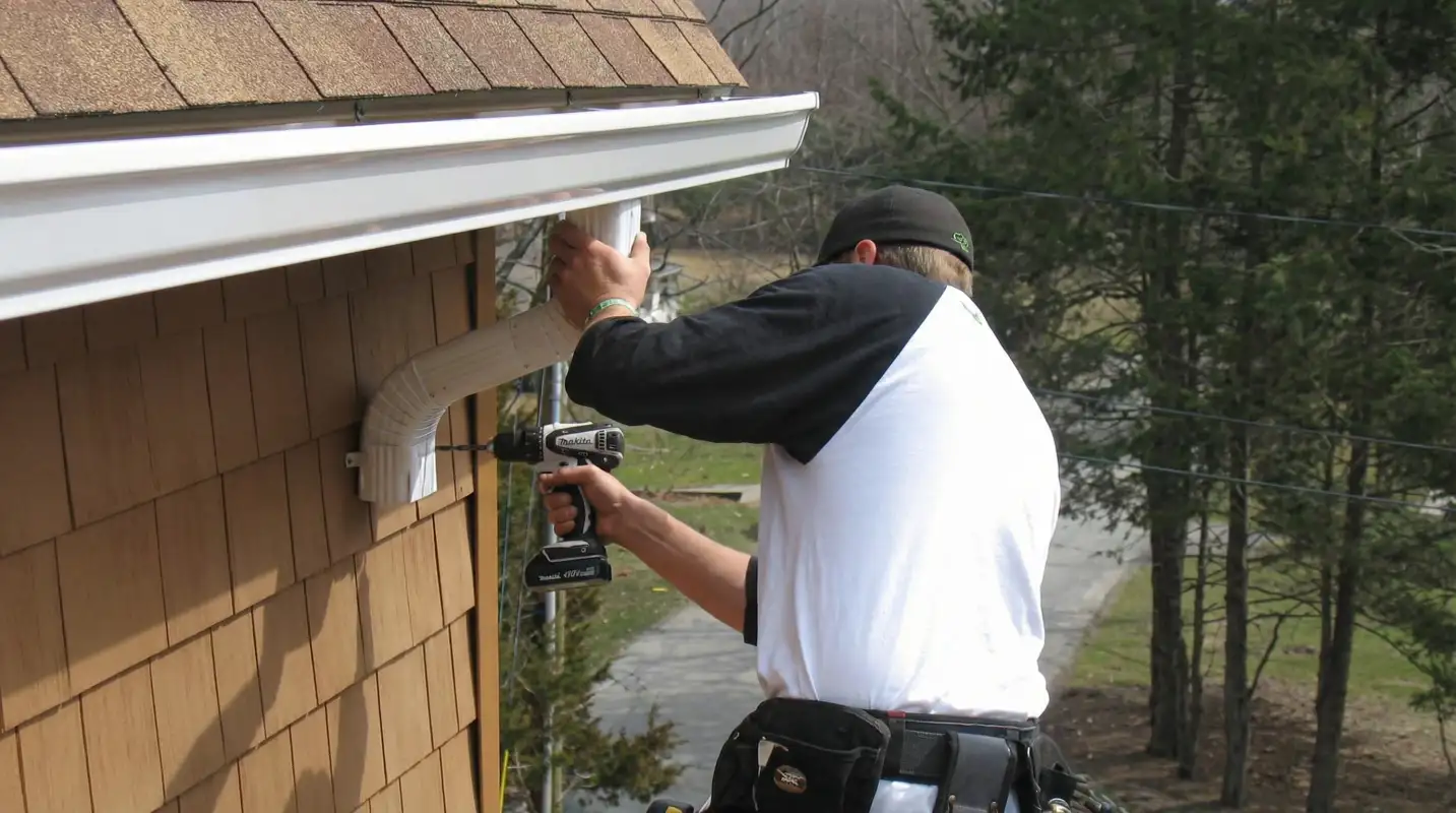 Professional contractor installing tan vinyl siding panels on a residential home exterior in San Francisco, CA