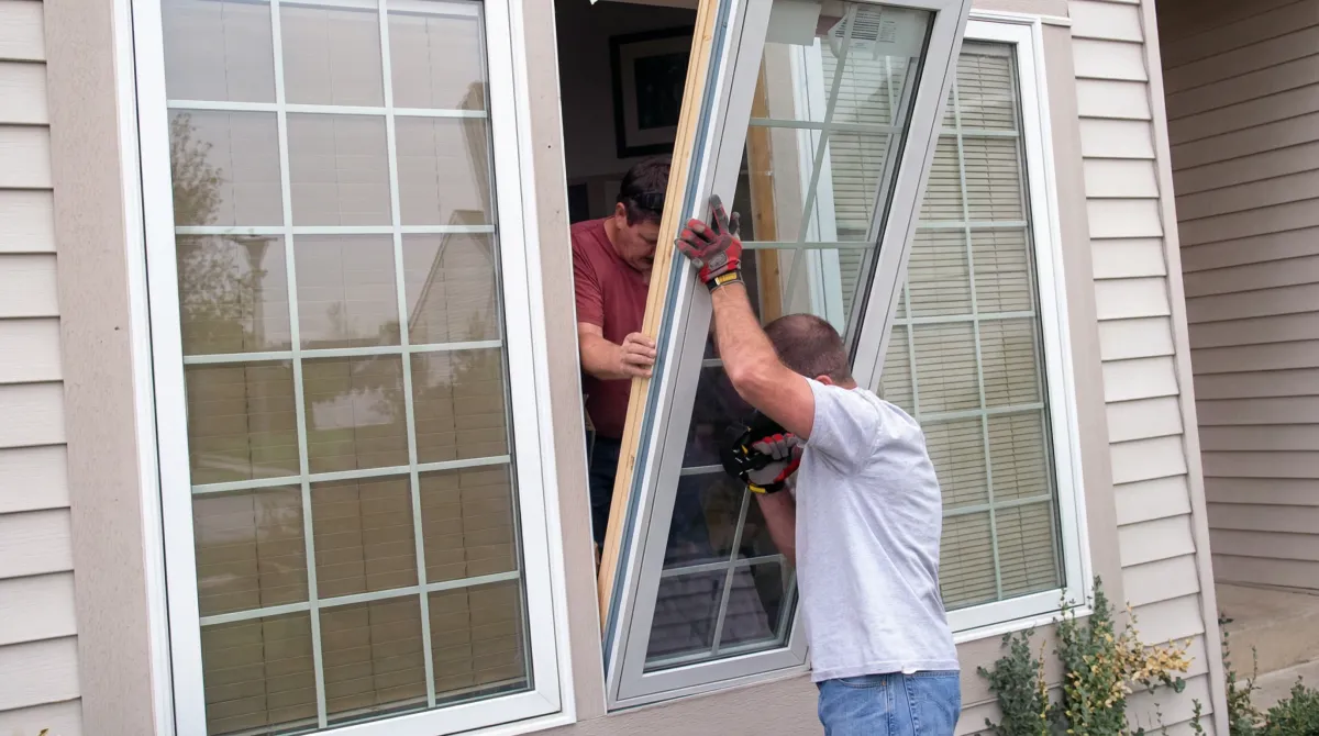 Professional home remodeling team installing a large replacement window on a house with tan siding in San Francisco, CA